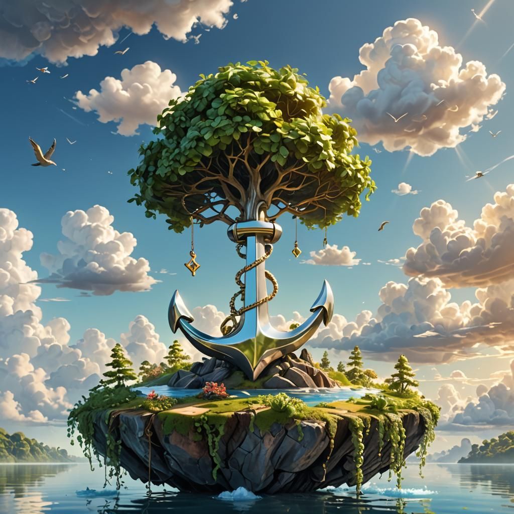 Floating Island Supported by Silver Anchor, 3D Art