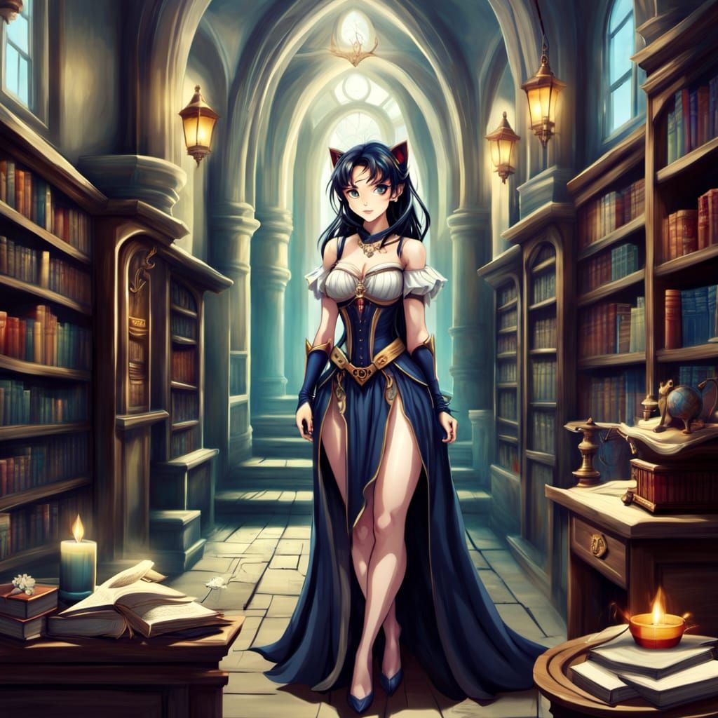 Anime Elf with Raven Tattoo in Wizard Classroom