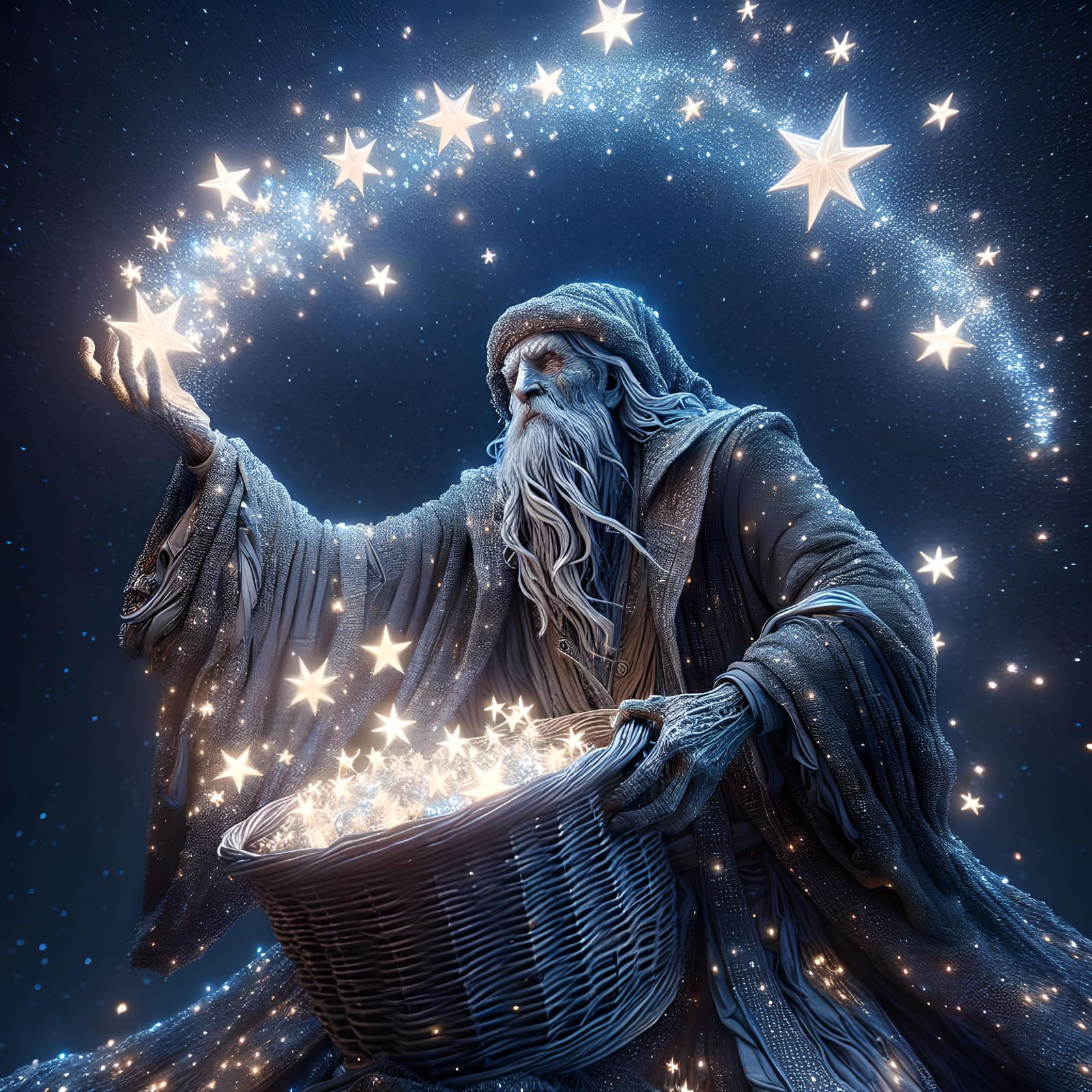 Wizard Collecting Stars in Hyperrealistic Style