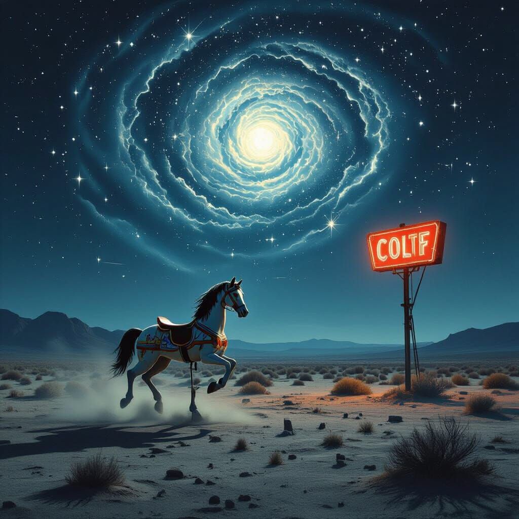 Lone Carousel Horse in Cosmic Desert Under Neon Light