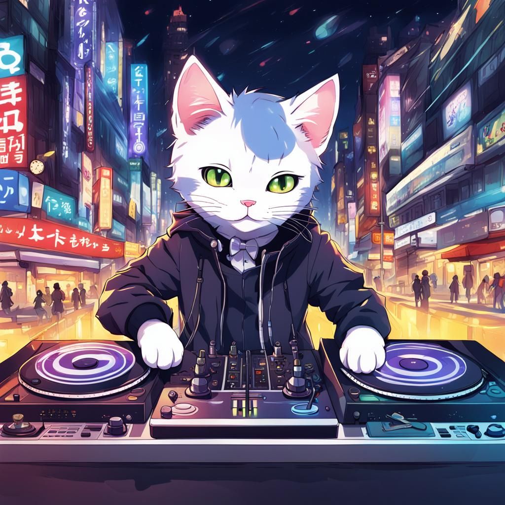 Cat DJ Performing for Cat Audience in Anime Style