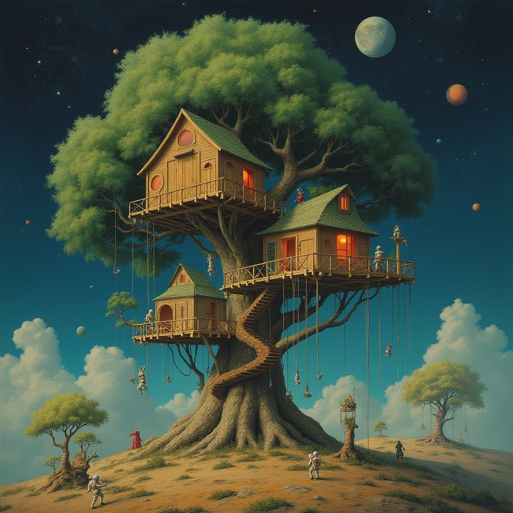 Ancient Alien Treehouse Village in Cosmic Surrealism Style