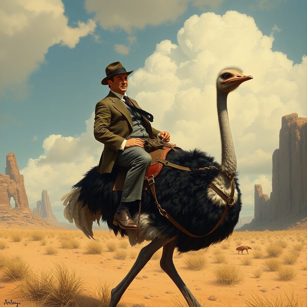 A businessman, riding a saddled ostrich ("It will be a long ...