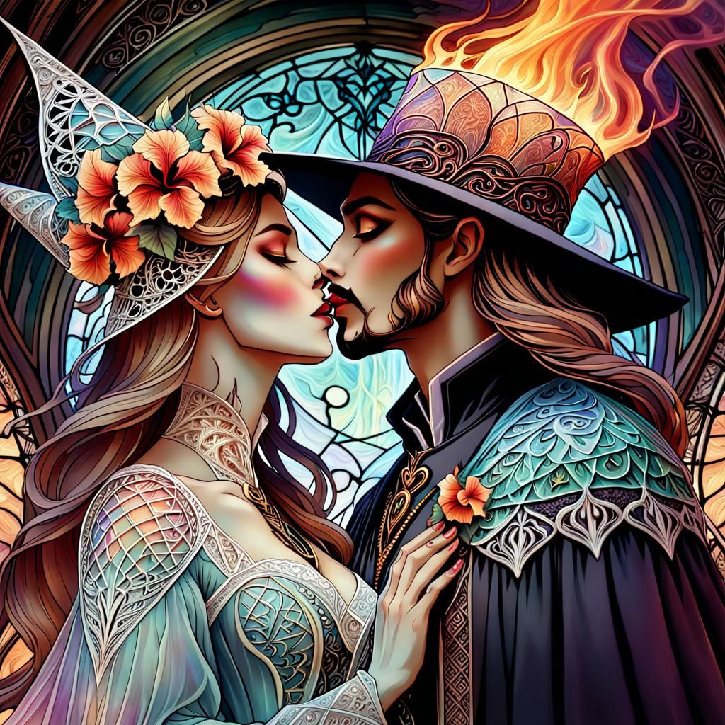 Art Nouveau Sorceress Kiss with Fire Crown