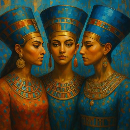 Egyptian Queens in Vibrant Abstract Painting