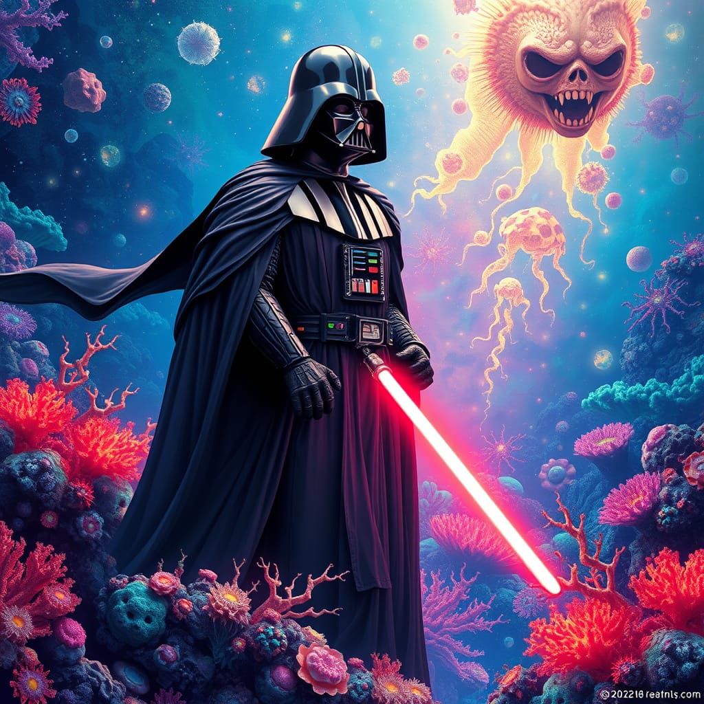 Regal Darth Vader in a Vibrant, Iridescent Coral Reef
