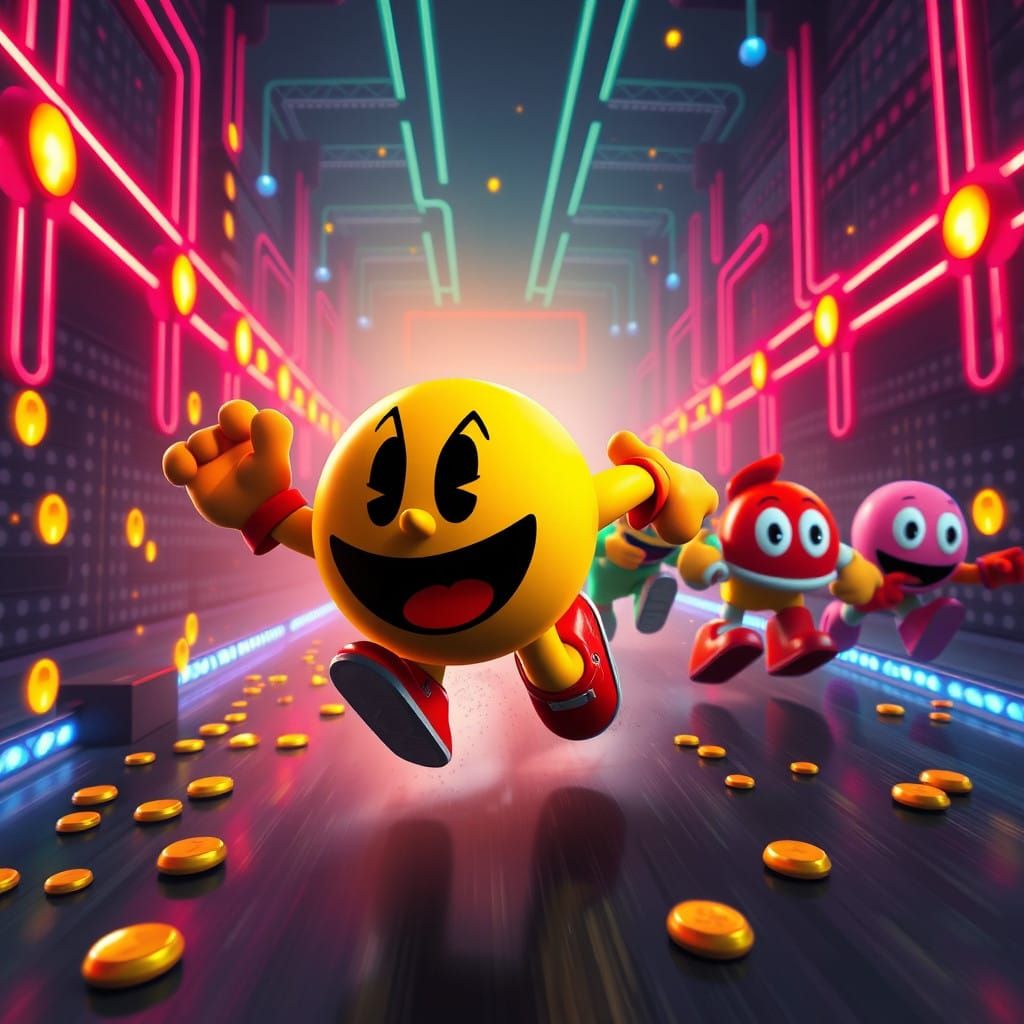 Dynamic Pac-Man Chase Scene in Neon Maze, Retro Pixels with...