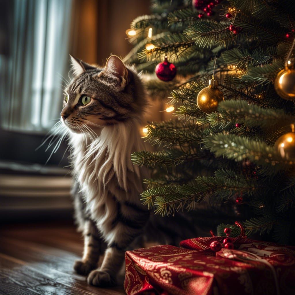 Cat Grooming Near Christmas Tree on Christmas Morning