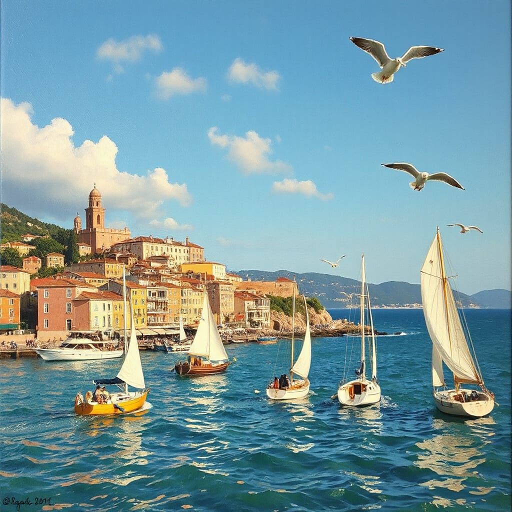 Coastal City in Impressionist Style with Sailboats