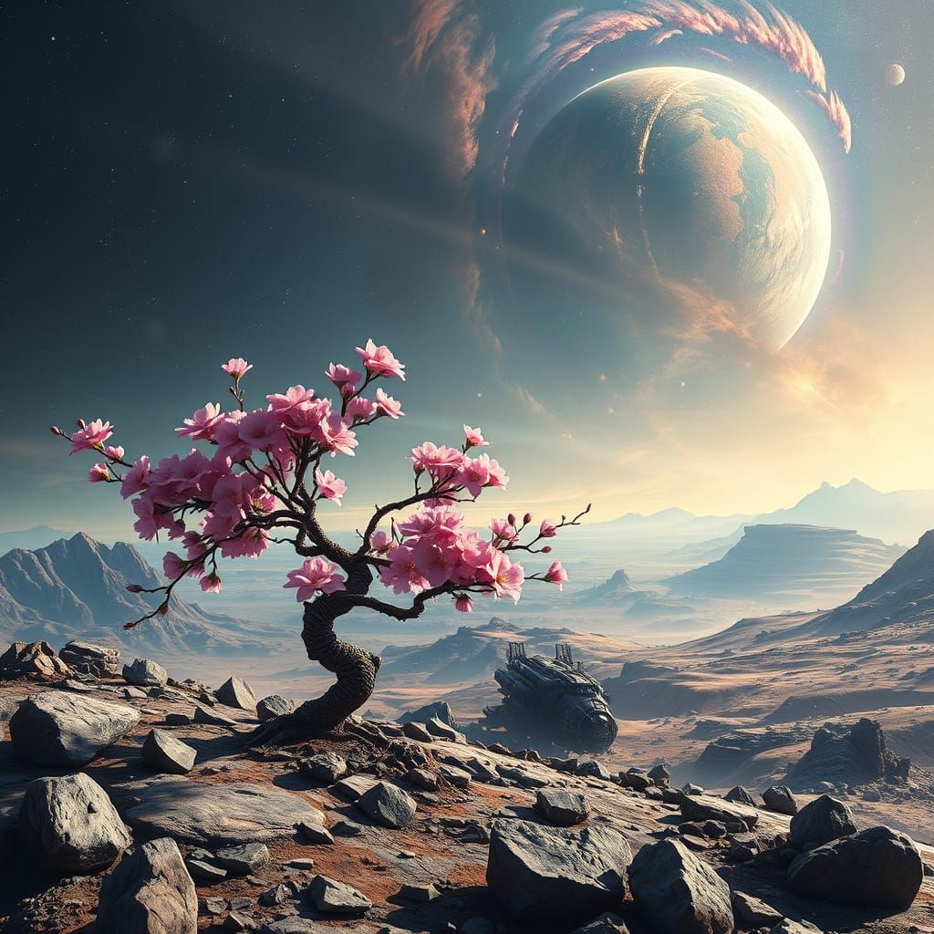 Alien Sakura Tree on Rocky Planet, Digital Oil Painting