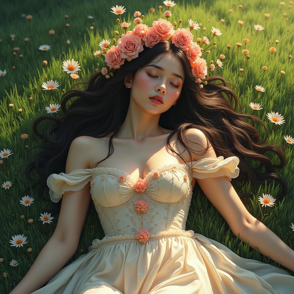 Floral Woman in Emerald Meadow: Detailed Matte Painting