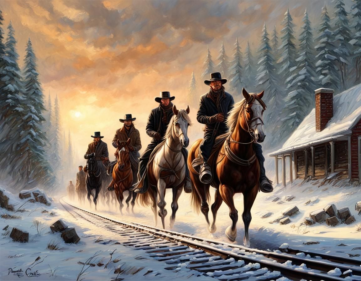 Outlaws Ride Railroad in Snowy Landscape Painting