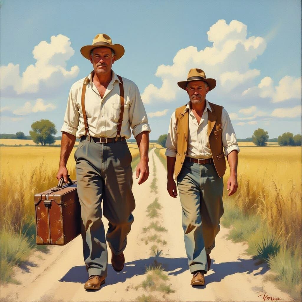 Impressionistic Men Walking on Rural Road