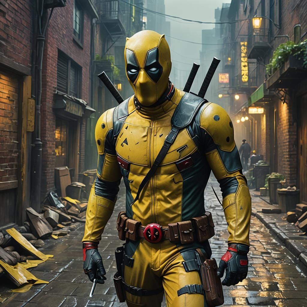 Deadpool and Green Mask in Misty Alleyway