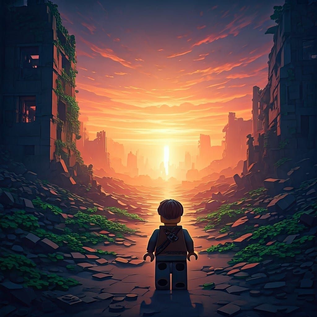 LEGO Hero's Post-Apocalyptic Journey at Sunset