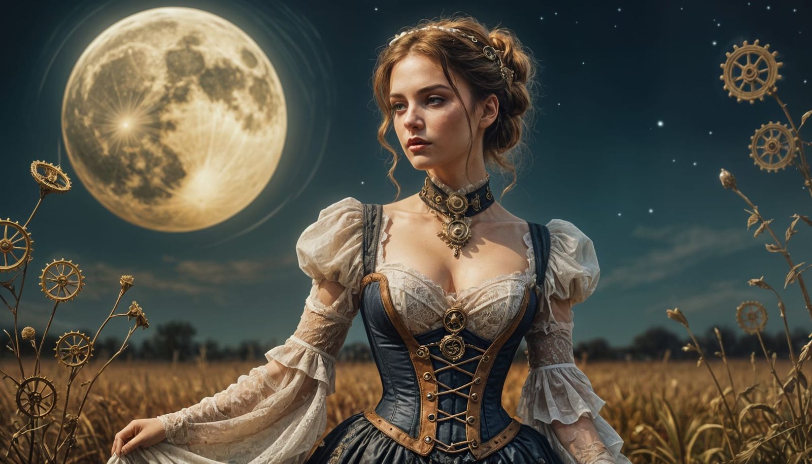 Steampunk Muse in Moonlit Field with Flowing Fabrics