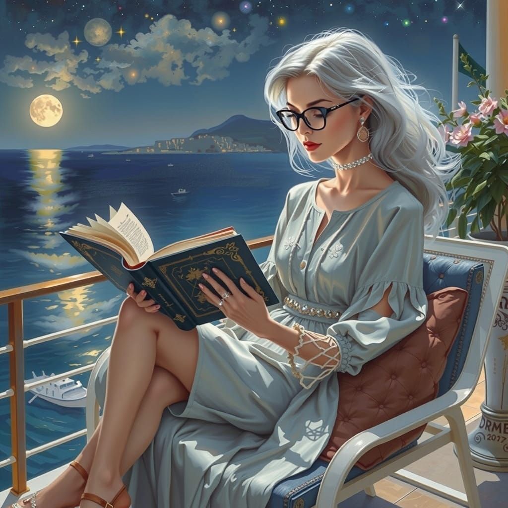 Serenely Reading Under Aegean Moonlight in Dreamlike Cosmic...