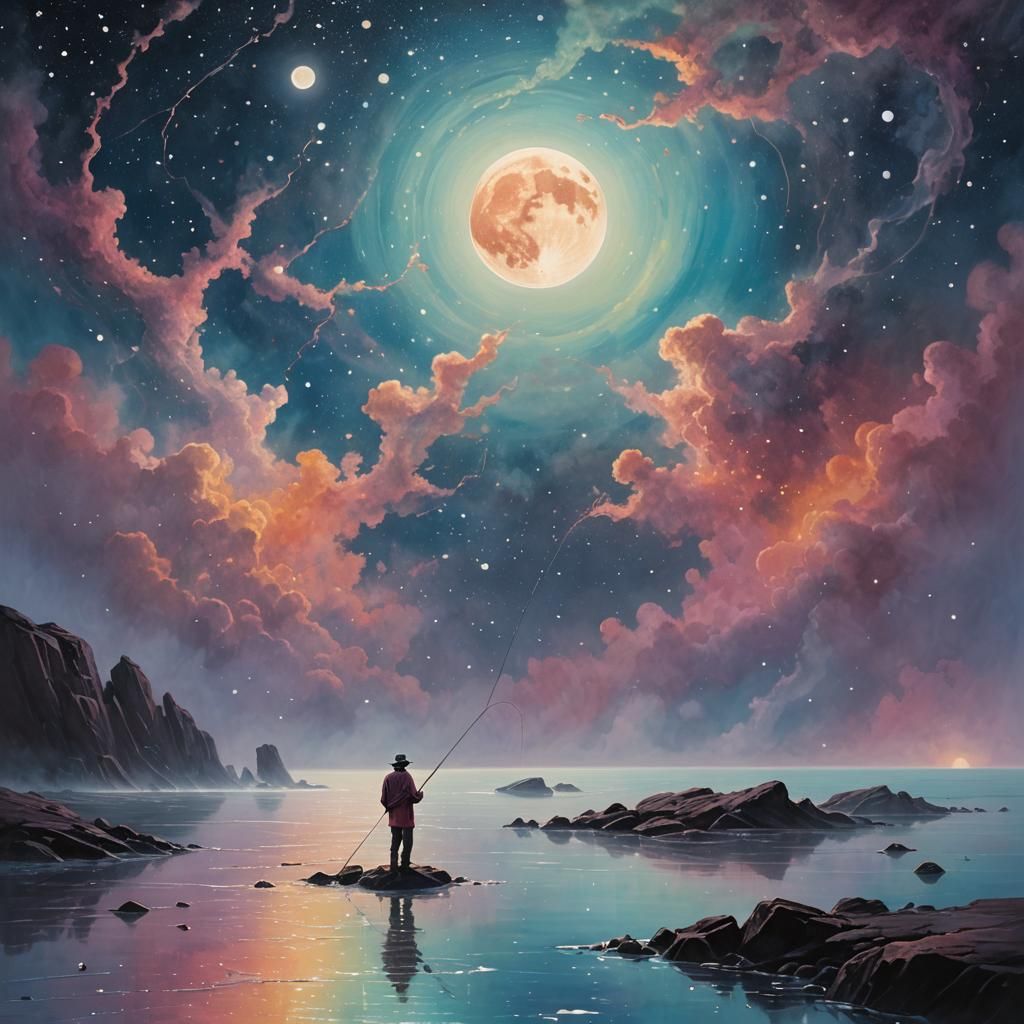 Man on the Moon Fishing in Stardust Sea