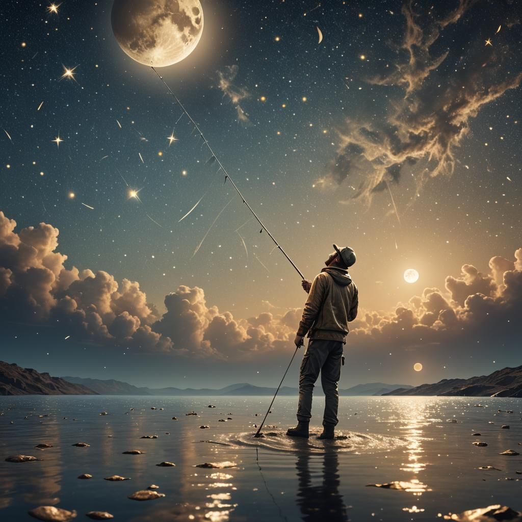 Man on the Moon Fishes for Stars: 3D Animation