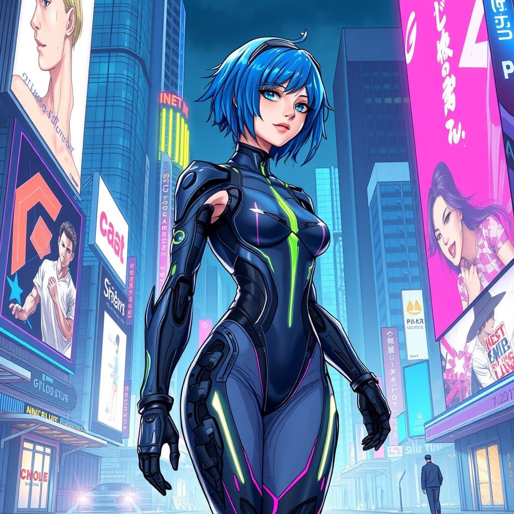 Cybernetic Person in Futuristic City, Neon Noir Style