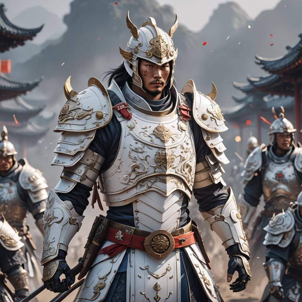 White Armored Warrior in Battlefield: 3D Anime Art