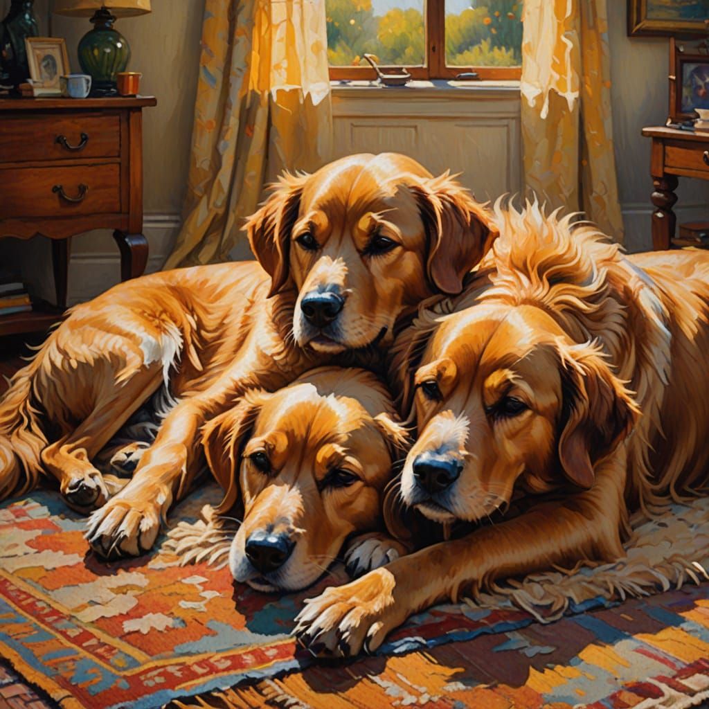 Cozy Dogs in Warm Golden Light, Impressionist Oil Painting
