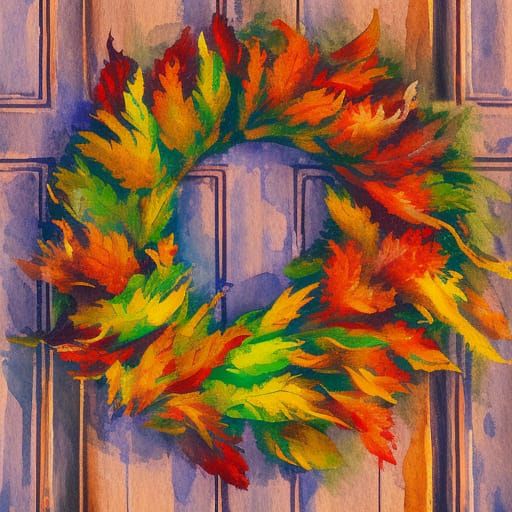 Autumn Wreath on Door in Gouache Style