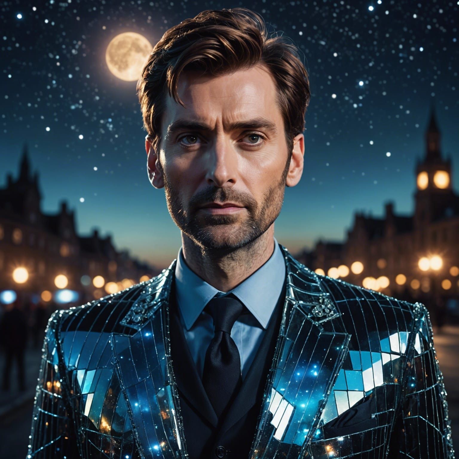 Man in Elegant Glass Suit with Night Sky