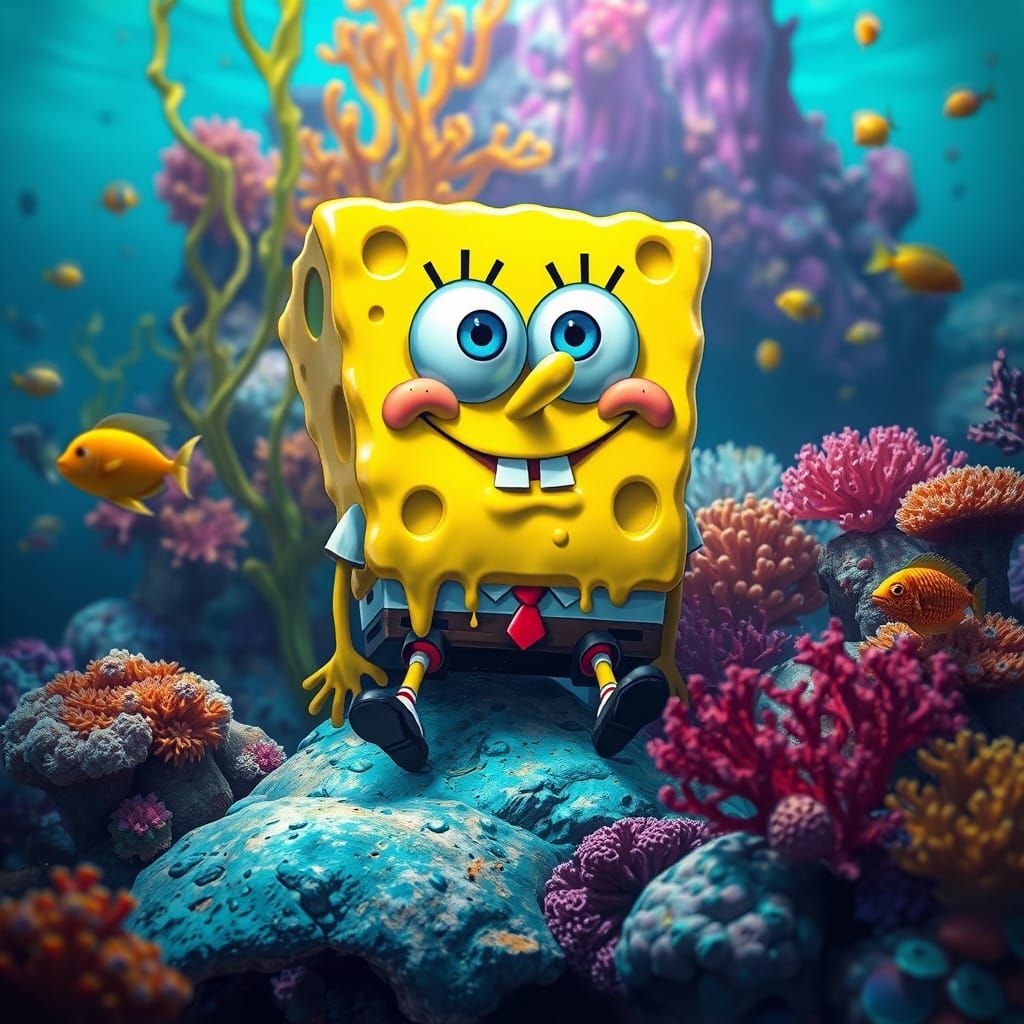 Vibrant Drippy SpongeBob in Whimsical Fantasy Landscape
