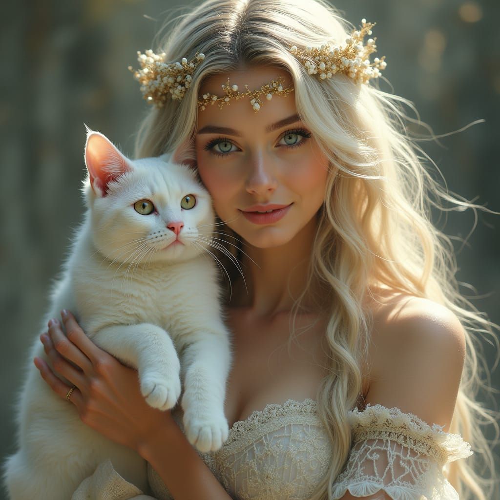 Goddess in Elegant Regalia with White Feline Companion