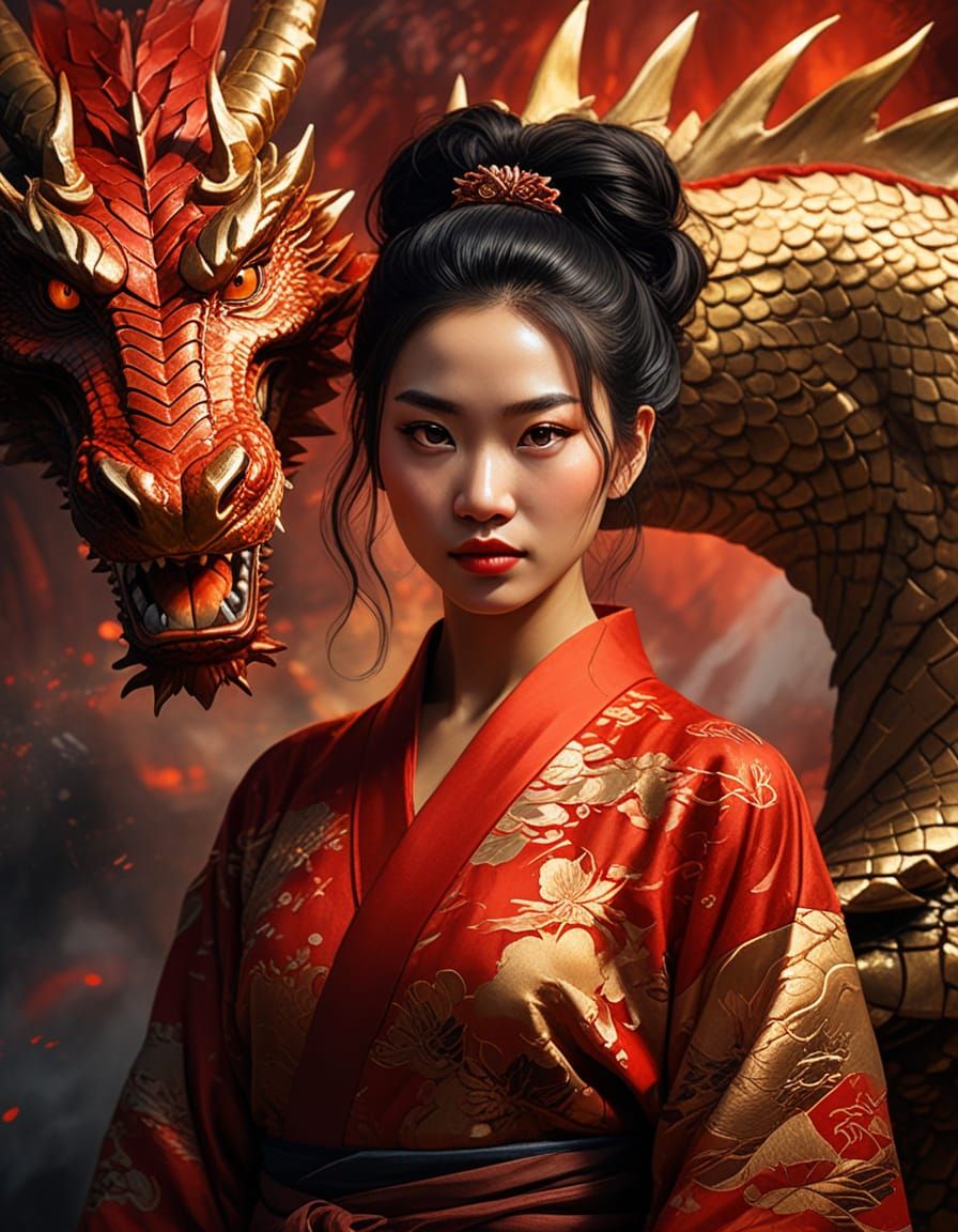 Woman and Dragon in East Asian Brush Painting