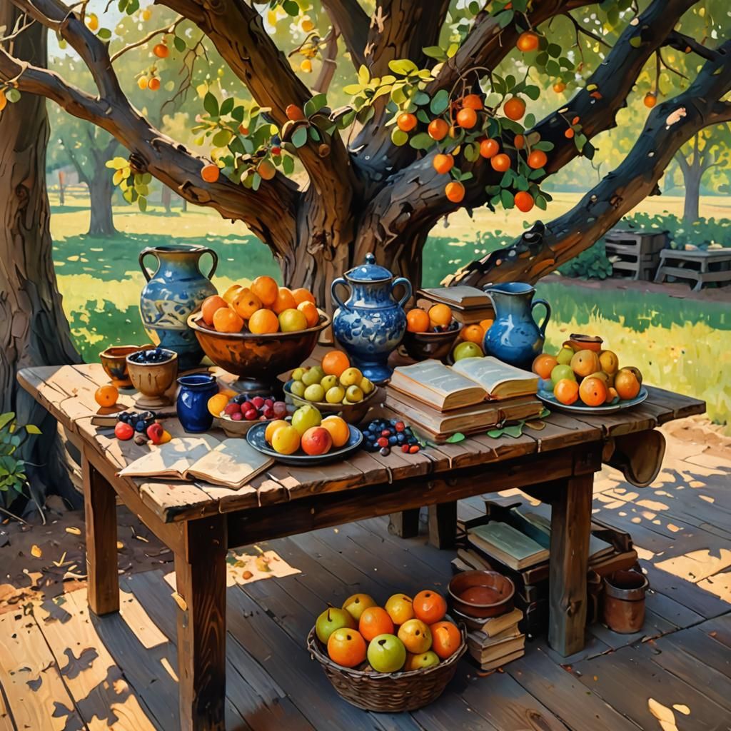 Impressionist Still Life with Fruit and Books