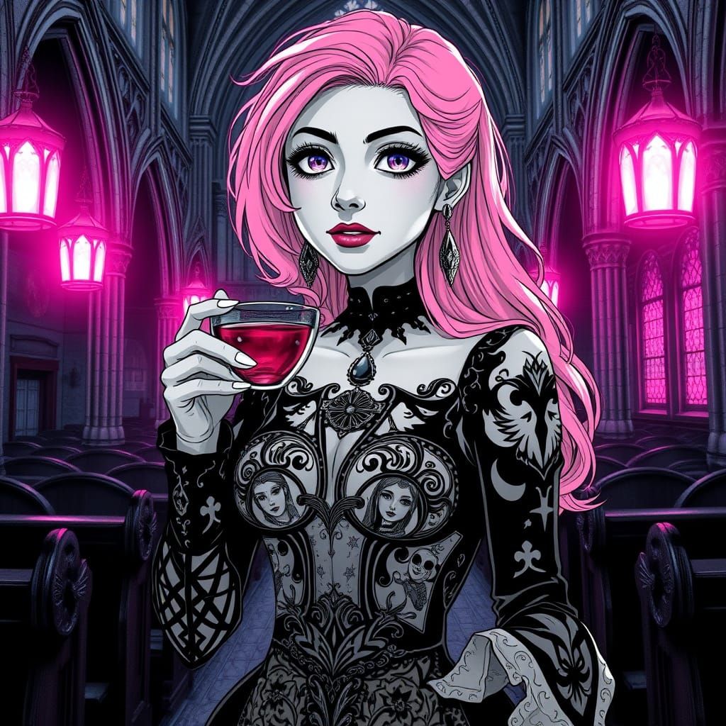 Pink-Haired Woman Sipping Tea in Gothic Church