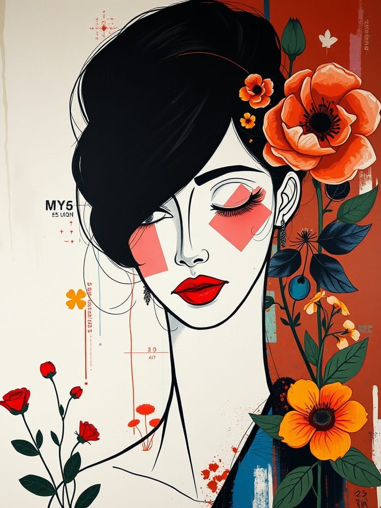 Feminine Face in Vibrant Cubist Style with Botanical Element...