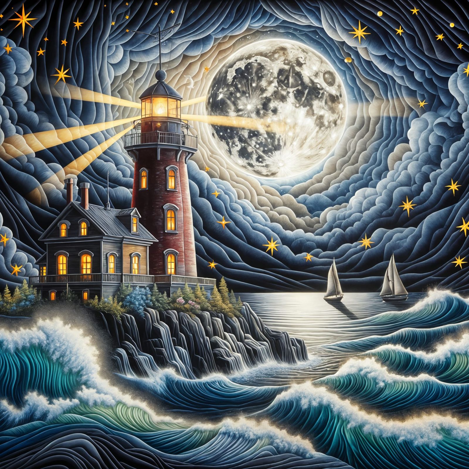 Moonlit Lighthouse Scene in Silk Painting Style