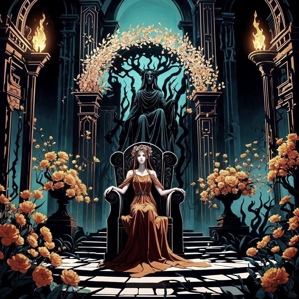Wilted Persephone on Underworld Throne: Anime Art