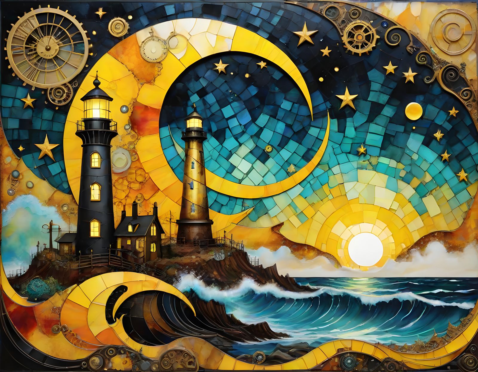 Surreal Steampunk Lighthouse Illuminated by Golden Flame
