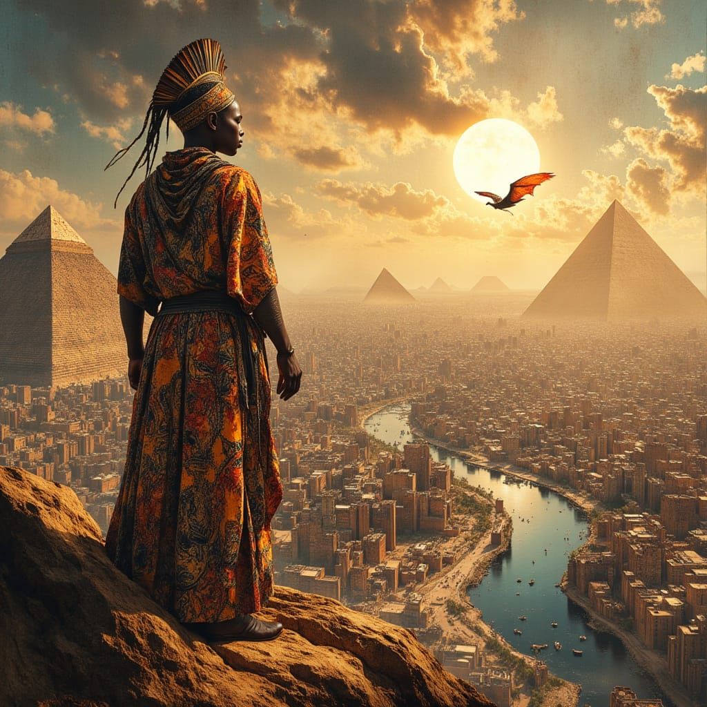 Afrofuturistic Warrior King Overlooks Cyberpunk Cityscape