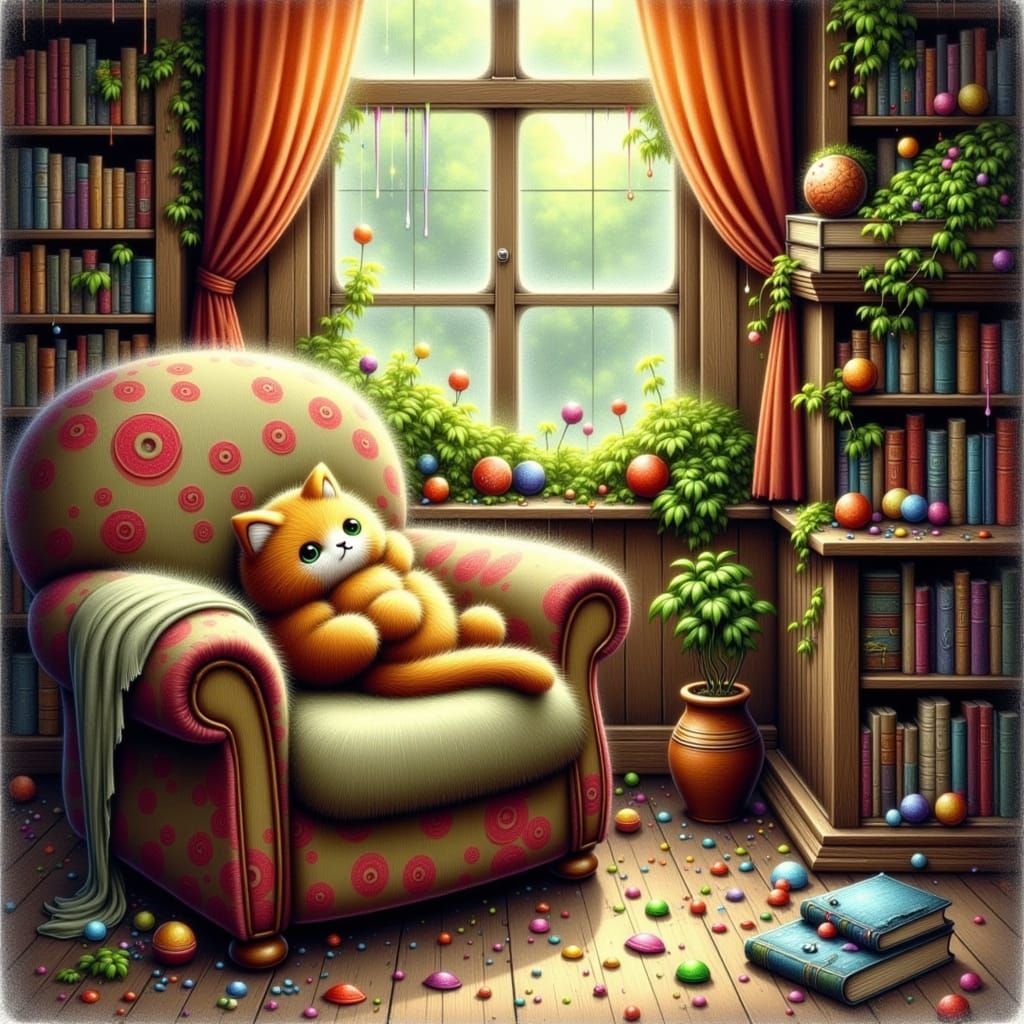 Cozy Sunlit Living Room with Sleeping Cat Oil Painting