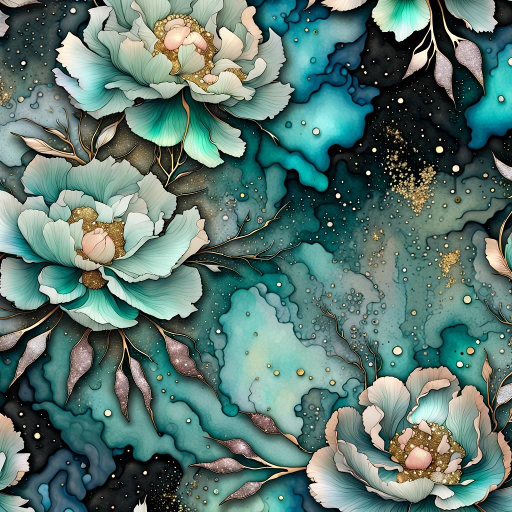 Turquoise Peony Celestial Alcohol Ink Wallpaper