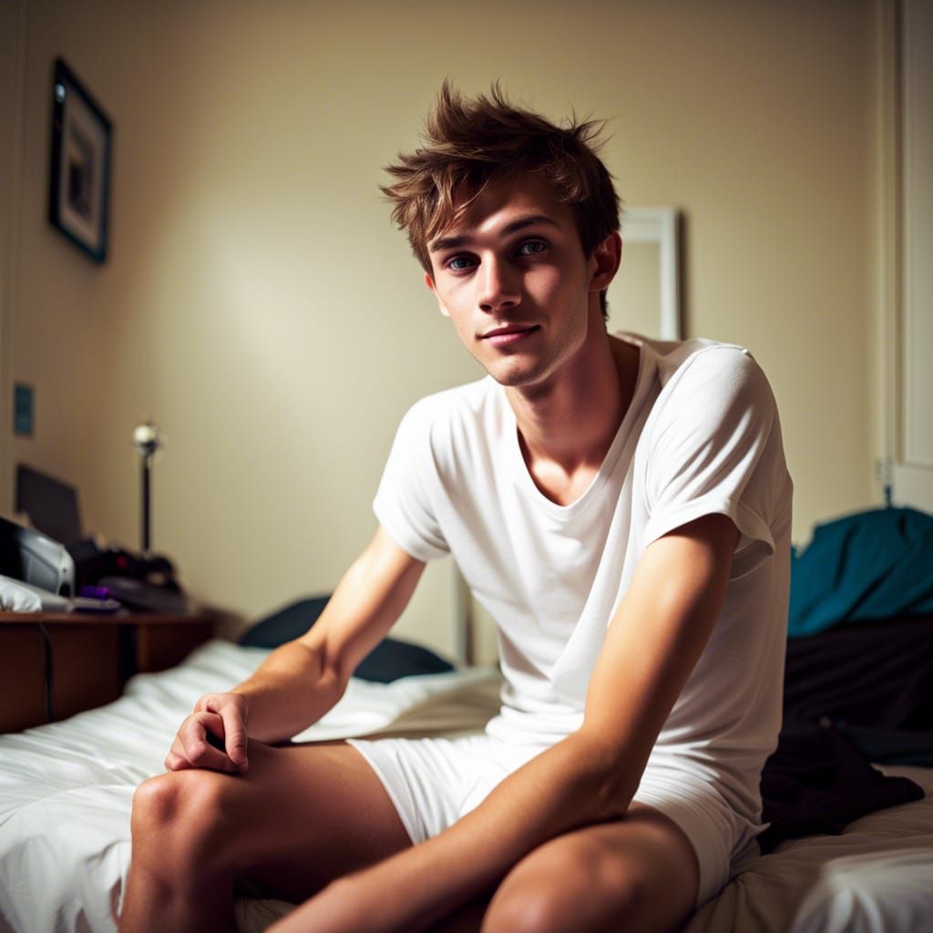 Pensive Young Man in Dorm Room: Film Photography