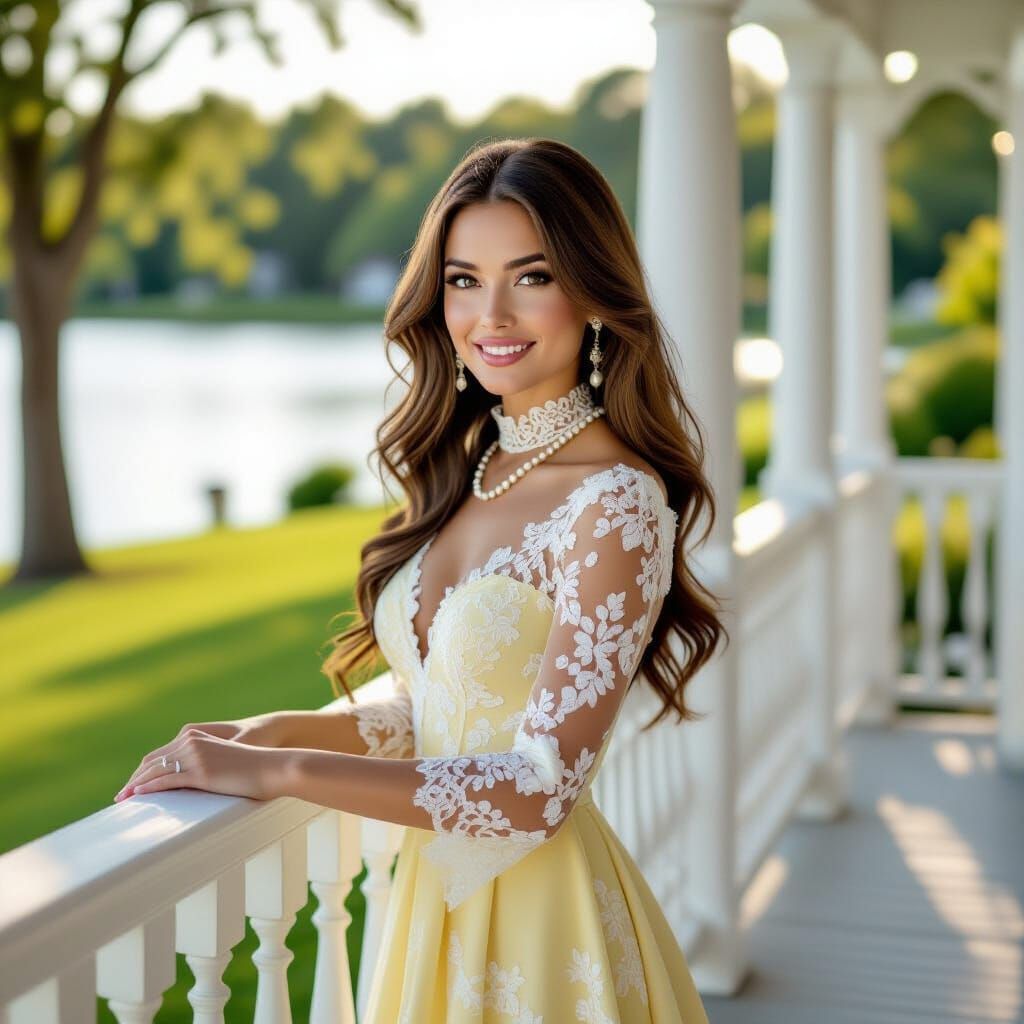 Brunette Woman on Porch Overlooking Lake in Golden Hour