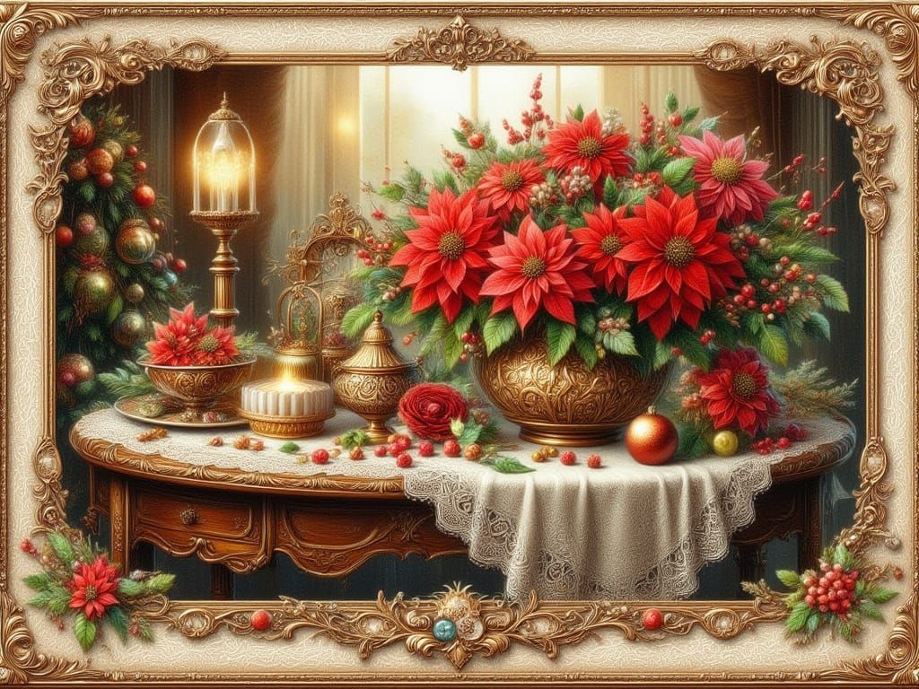 Victorian Christmas Card: Poinsettias on Ornate Table