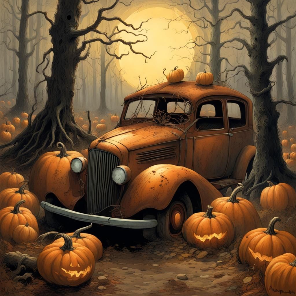 Eerie Forest Scene with Scarecrows and Pumpkin Patch