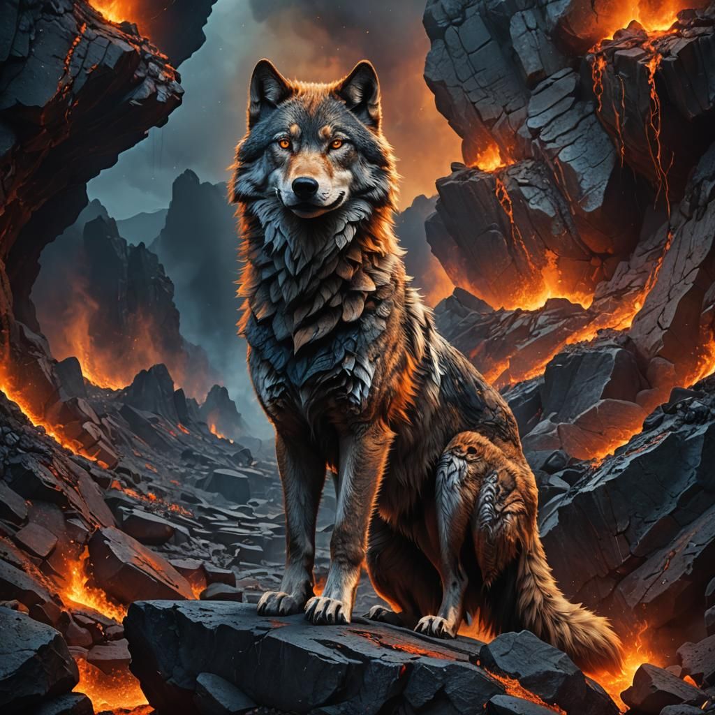 Stone Wolf with Magma Eyes: Fantasy Concept Art