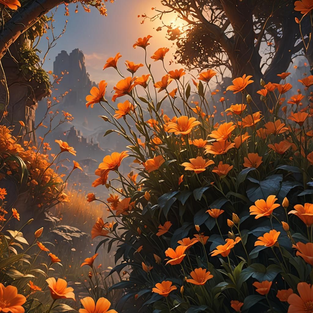 Orange Flowers Swaying at Sunset: Fantasy Matte Painting