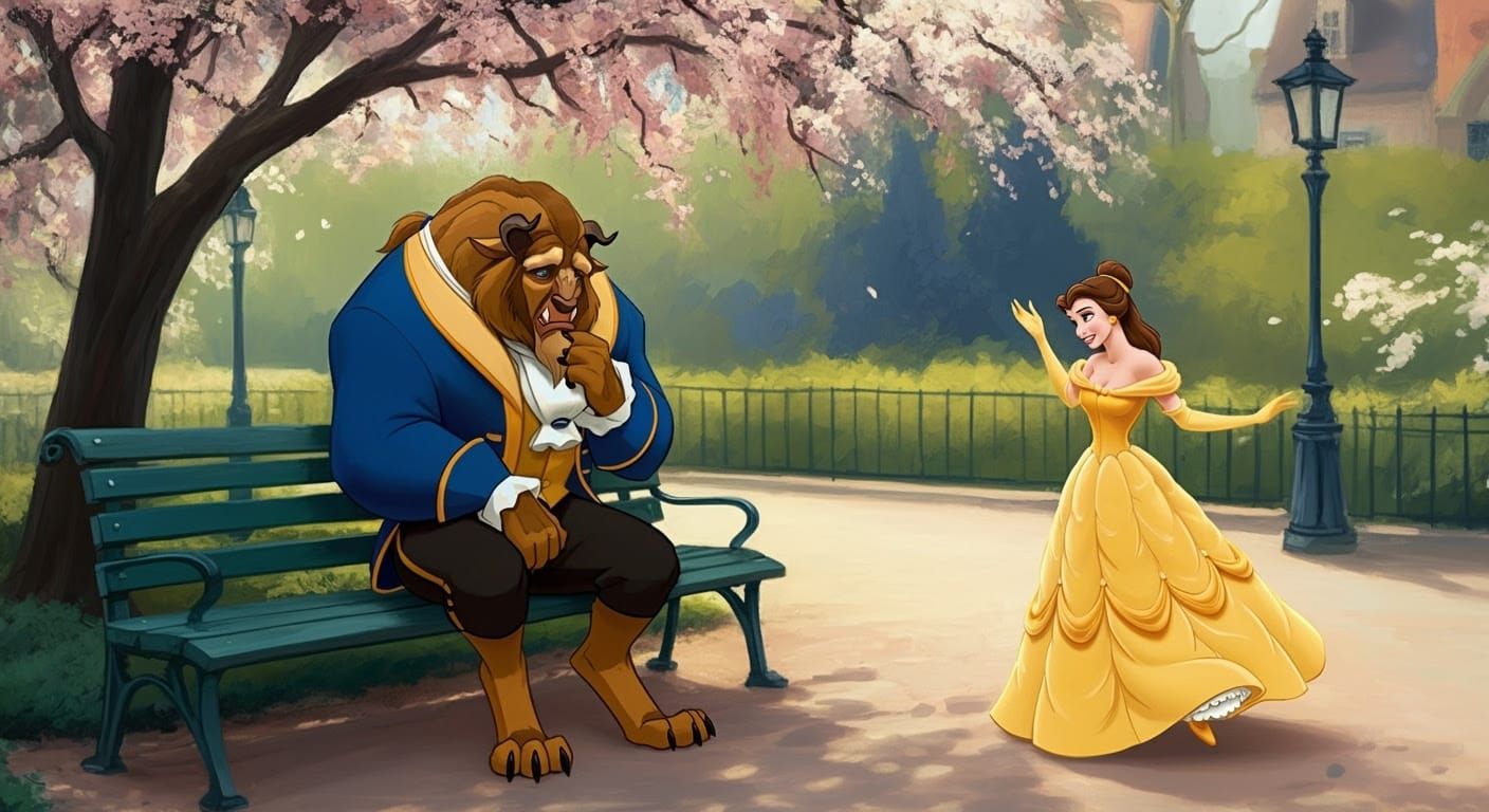 Belle Walks Away from the Beast in a French Park