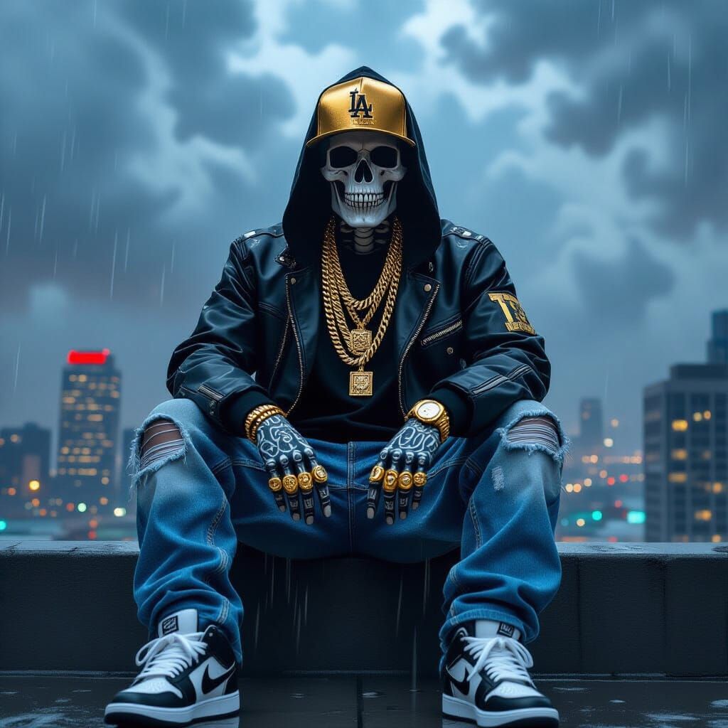 Skeleton in Leather Hoodie with Gold Chains in Rainy LA Nigh...