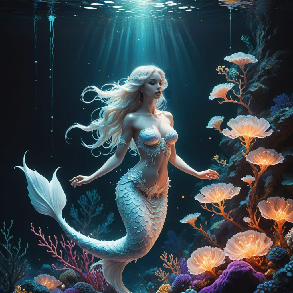 Ethereal Mermaid in Bioluminescent Coral Reef