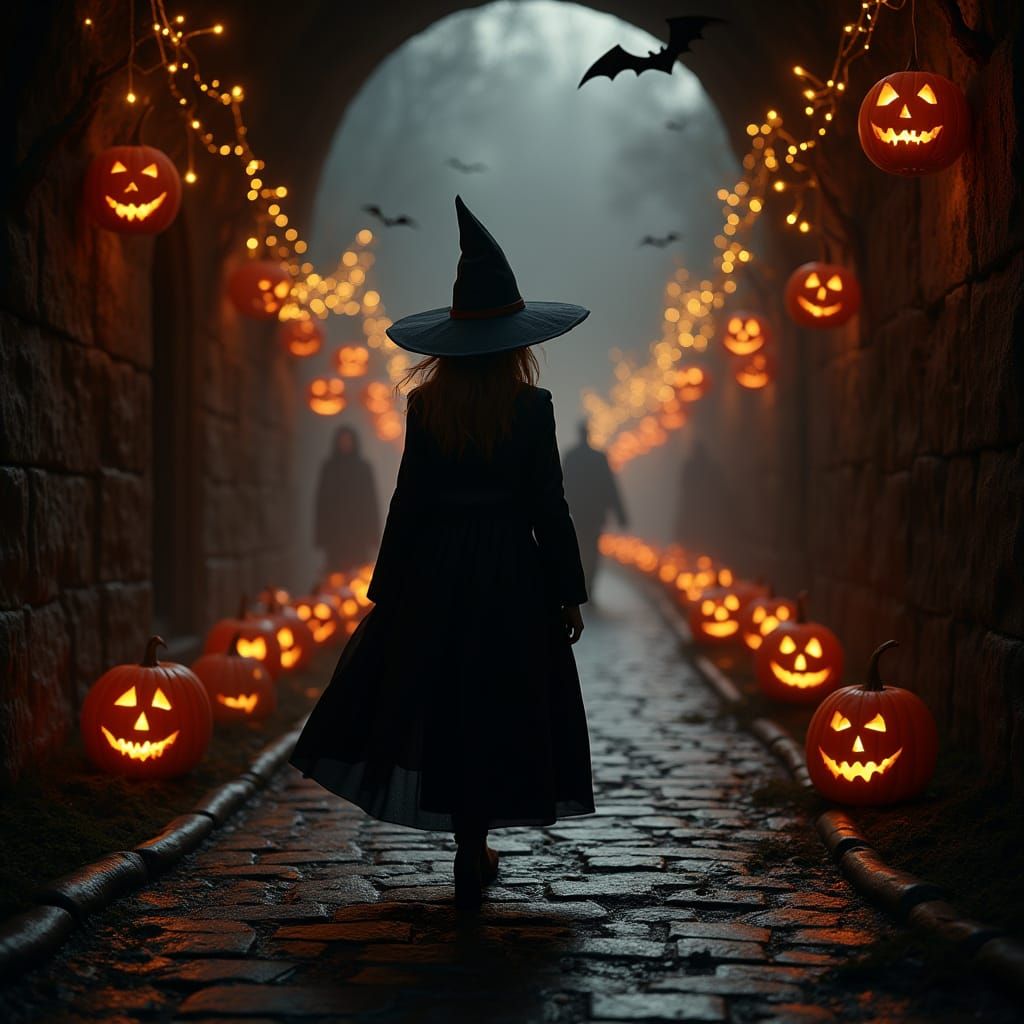 Witch Approaches Tunnel Adorned With Glowing Jack-o'-Lantern...